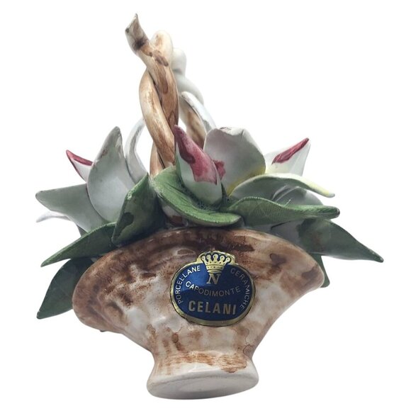 Vintage Capodimonte Porcelain Floral Twisted Handle Basket Lillies Celani Italy - Picture 5 of 7